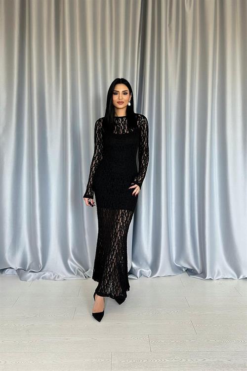 Toptan Siyah Dantelli Uzun Kollu Elbise