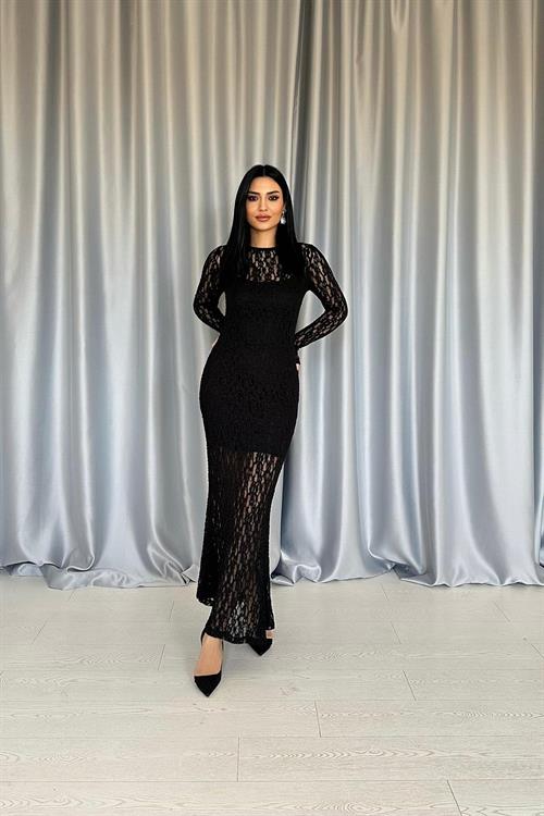 Toptan Siyah Dantelli Uzun Kollu Elbise