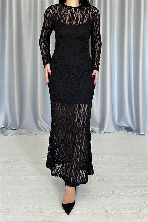 Toptan Siyah Dantelli Uzun Kollu Elbise