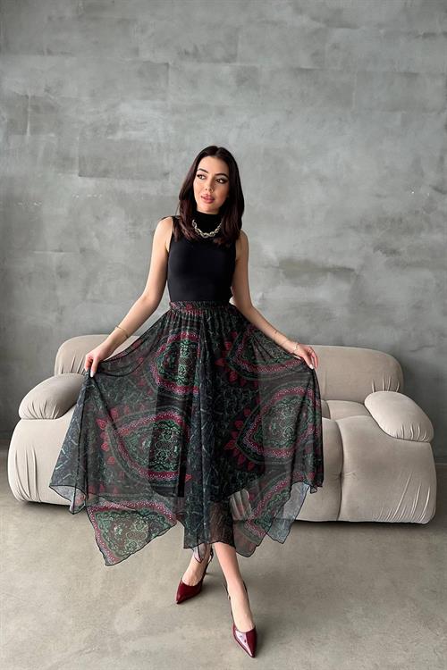 Wholesale Black Patterned Chiffon ​​Skirt