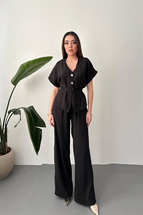 Wholesale Black Modal Two-Piece Set with Gold Buttons and Matching Belt