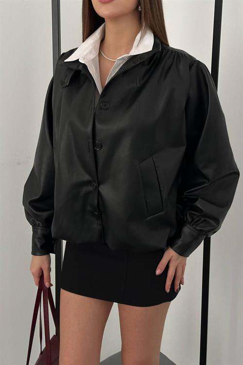 Wholesale Black Button-Up Leather Jacket