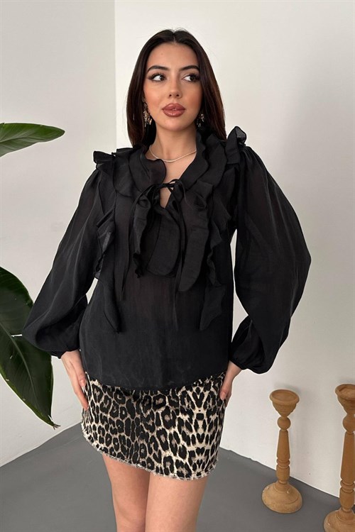 Toptan Siyah Fırfırlı Bluz