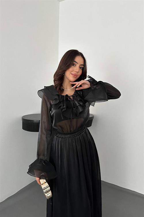 Wholesale Black Ruffled Blouse and Elastic Waist Skirt Set
