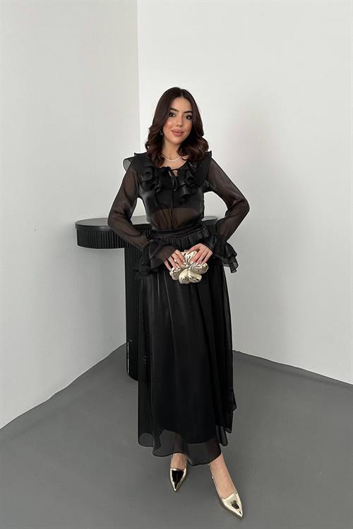 Wholesale Black Ruffled Blouse and Elastic Waist Skirt Set