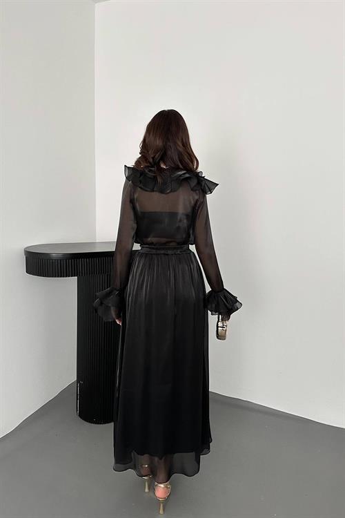 Wholesale Black Ruffled Blouse and Elastic Waist Skirt Set