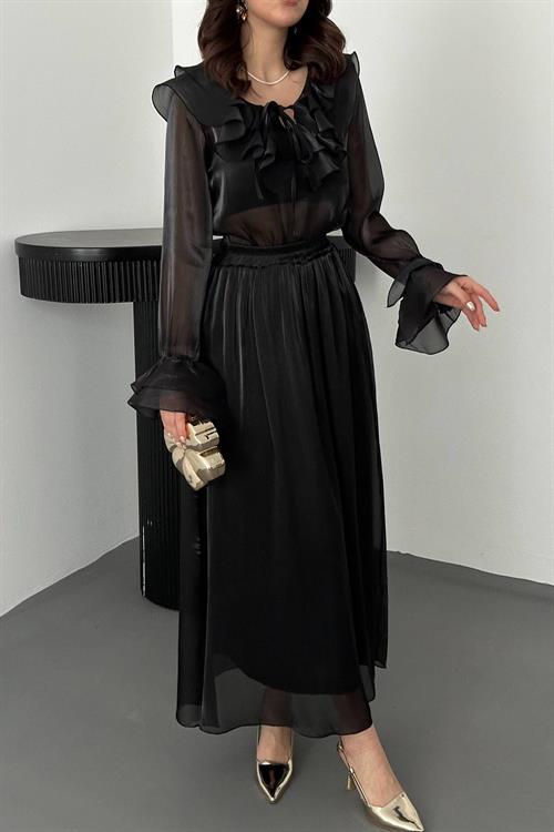 Wholesale Black Ruffled Blouse and Elastic Waist Skirt Set