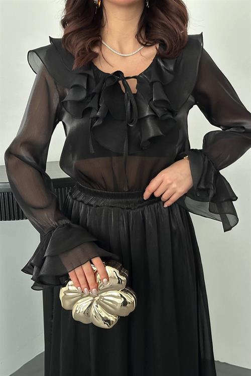 Wholesale Black Ruffled Blouse and Elastic Waist Skirt Set