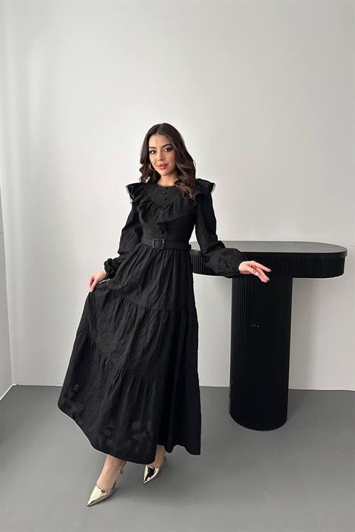 Wholesale Black Ruffled Embroidered Dress