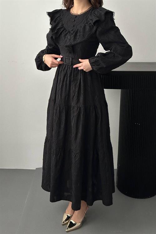 Wholesale Black Ruffled Embroidered Dress