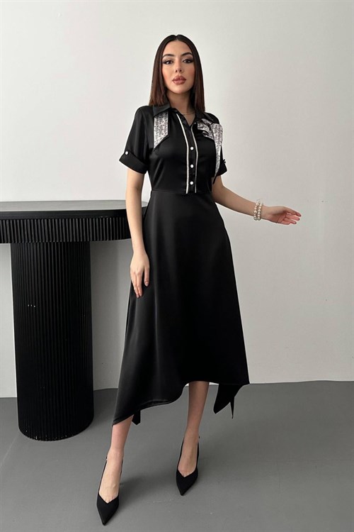 Wholesale Black Satin Dress with Scarf