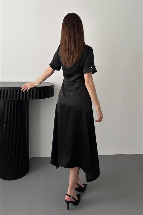 Wholesale Black Satin Dress with Scarf