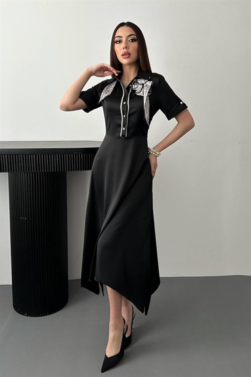 Wholesale Black Satin Dress with Scarf