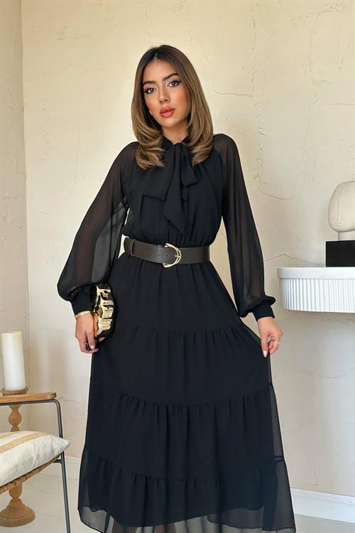 Wholesale Black Tie-Neck Chiffon Dress