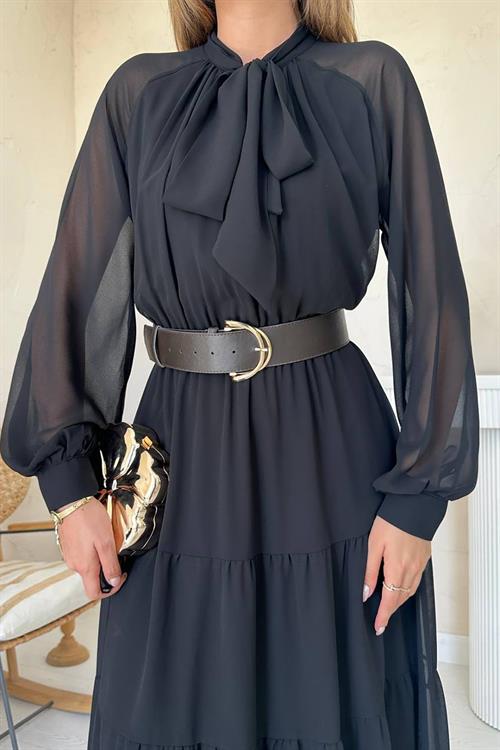 Wholesale Black Tie-Neck Chiffon Dress