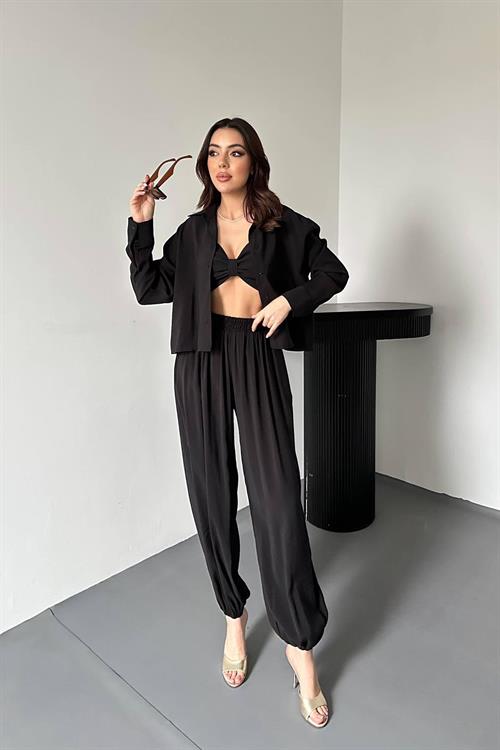 Wholesale Black Three-Piece Suit with Smocked Detail