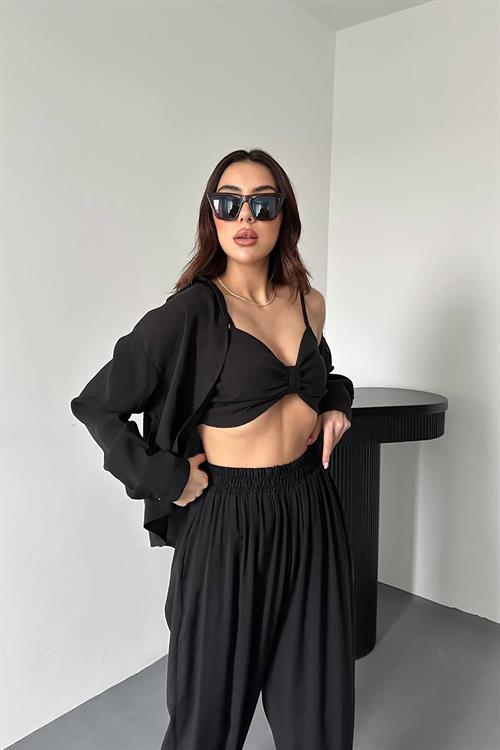 Wholesale Black Three-Piece Suit with Smocked Detail