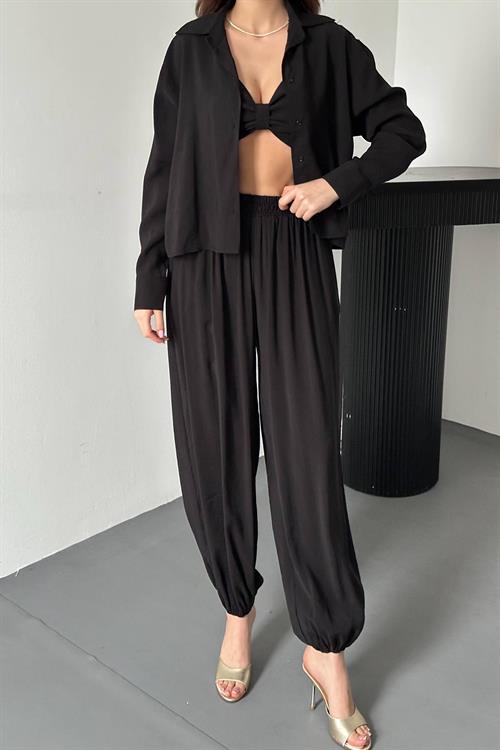 Wholesale Black Three-Piece Suit with Smocked Detail
