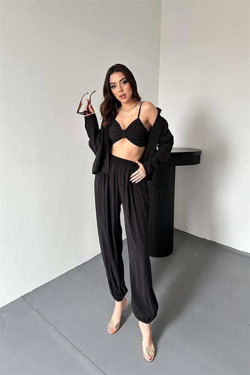 Wholesale Black Three-Piece Suit with Smocked Detail