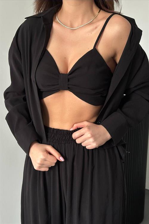 Wholesale Black Three-Piece Suit with Smocked Detail