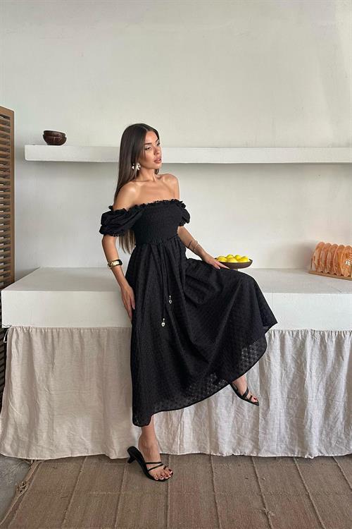 Toptan Siyah Gipeli Brode Elbise