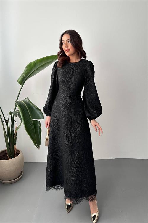 Wholesale Black Embossed Shimmery Maxi Dress with Lace Trim