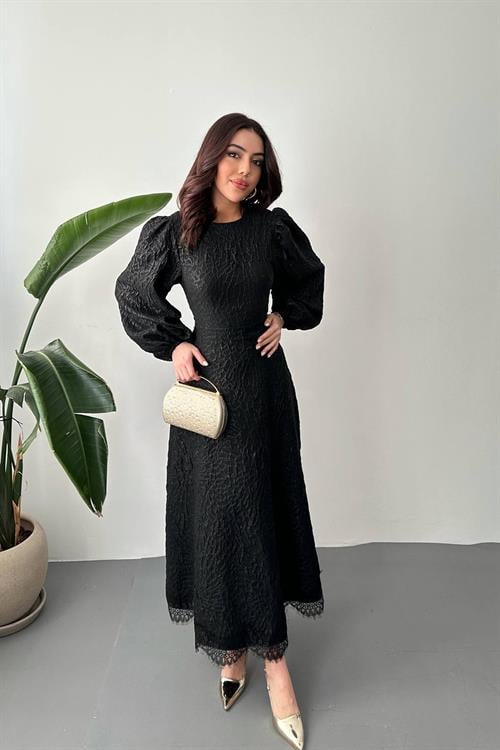 Wholesale Black Embossed Shimmery Maxi Dress with Lace Trim