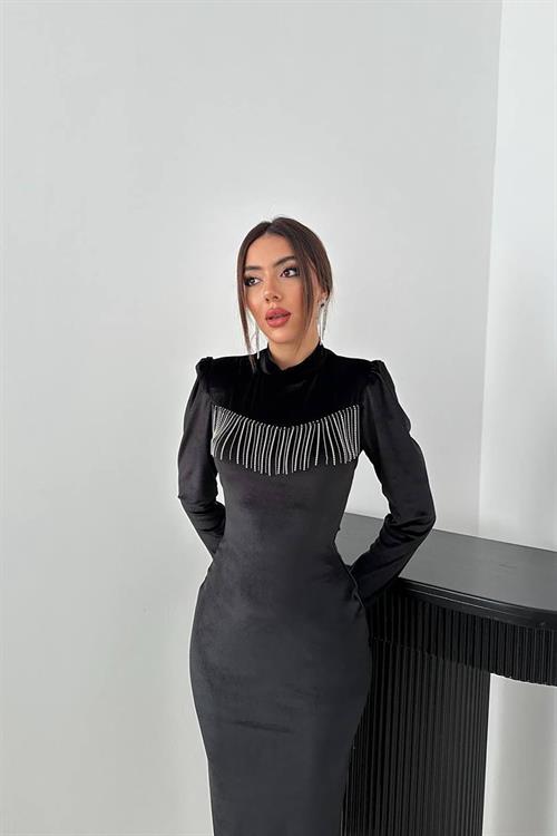 Wholesale Black Velvet Dress with Rhinestone Fringe