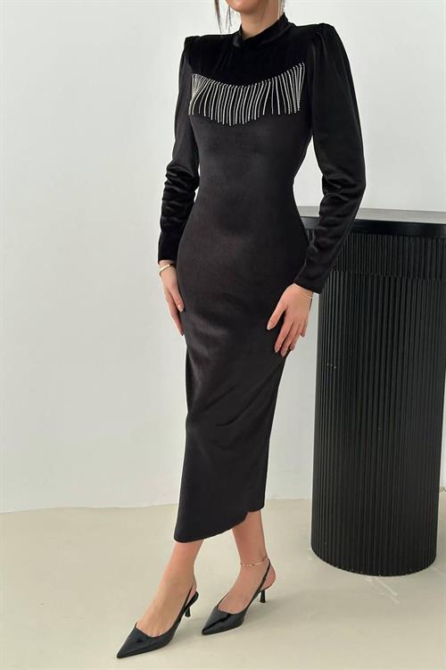 Wholesale Black Velvet Dress with Rhinestone Fringe