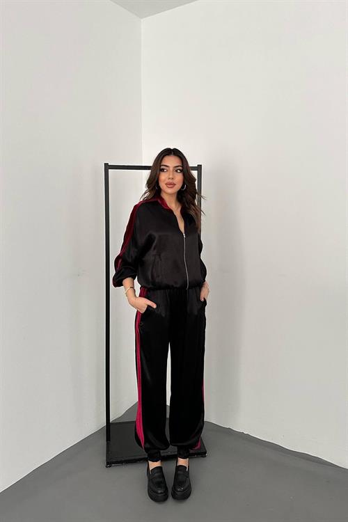 Wholesale Black Satin Tracksuit Set with Velvet Side Stripes
