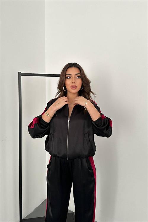 Wholesale Black Satin Tracksuit Set with Velvet Side Stripes
