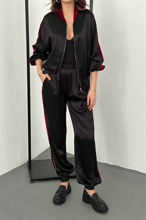 Wholesale Black Satin Tracksuit Set with Velvet Side Stripes