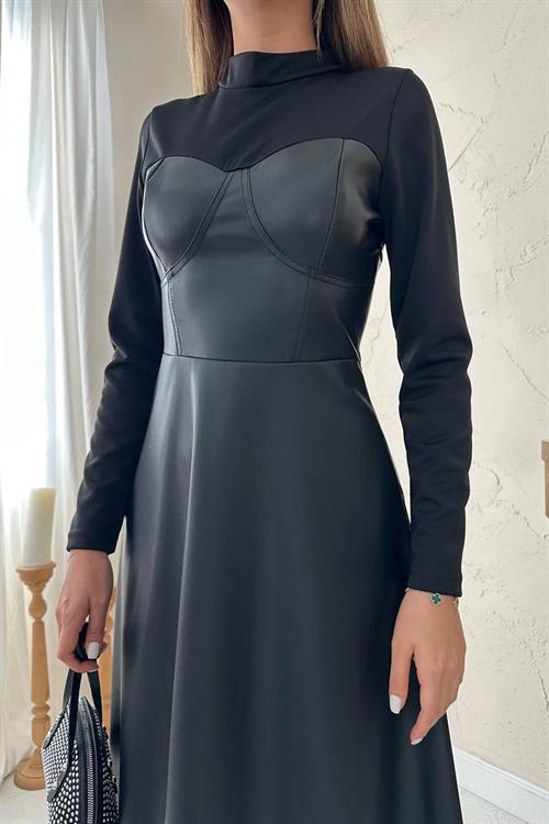Wholesale Black Heart Neck Leather Dress