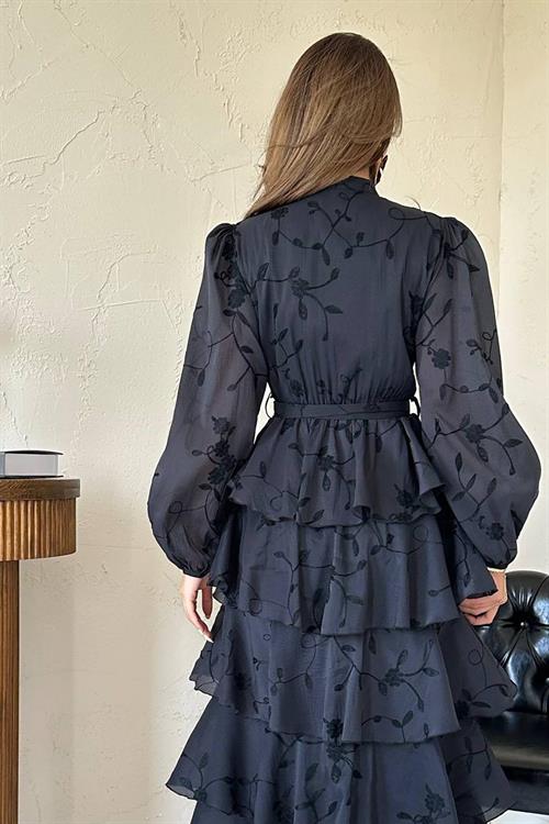 Toptan Siyah Kat Kat Kuşaklı Elbise