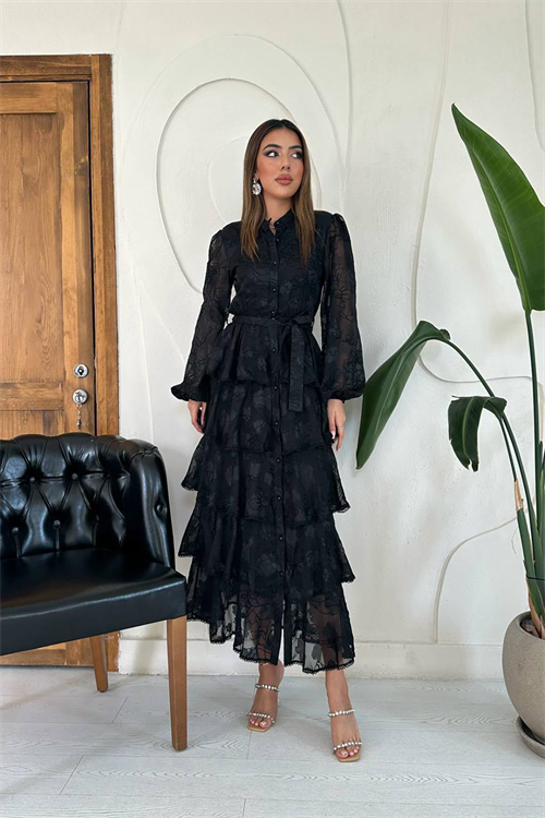 Wholesale Black Layered Ruffled Dress