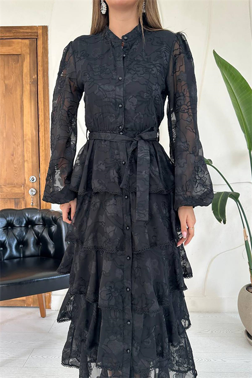 Wholesale Black Layered Ruffled Dress