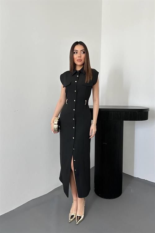 Wholesale Black Satin Dress with Belt Accessory