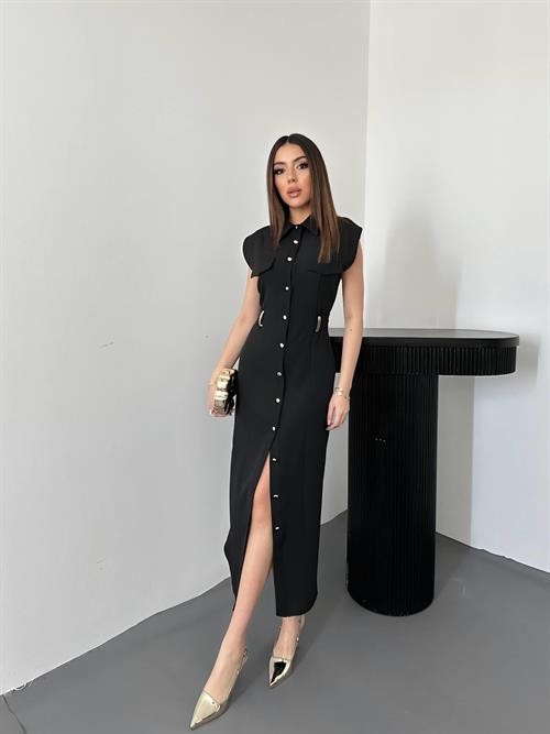 Wholesale Black Satin Dress with Belt Accessory