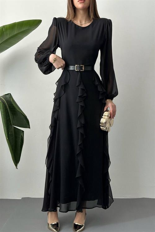 Toptan Siyah Kemerli Şifon Elbise