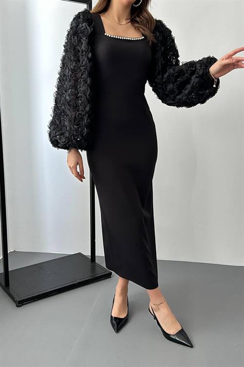 Wholesale Black Satin Dress with Floral Sleeves