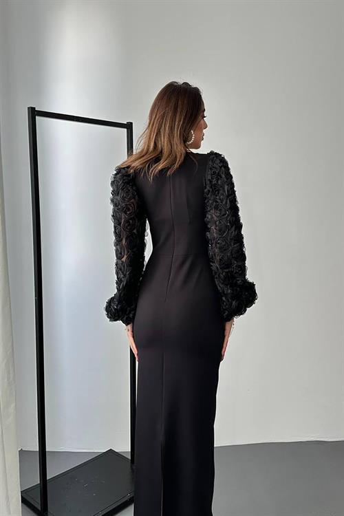 Wholesale Black Satin Dress with Floral Sleeves