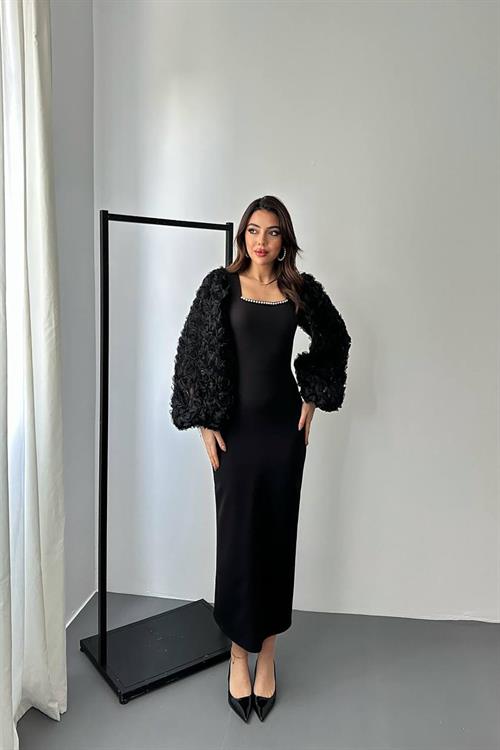 Wholesale Black Satin Dress with Floral Sleeves