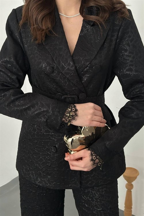 Wholesale Black Sparkly Suit with Lace Trim