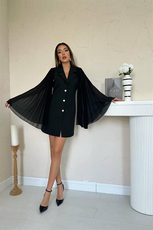 Toptan Siyah Kolları Pilseli Atlas Ceket Elbise