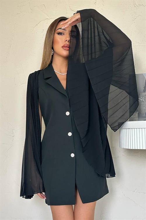 Toptan Siyah Kolları Pilseli Atlas Ceket Elbise