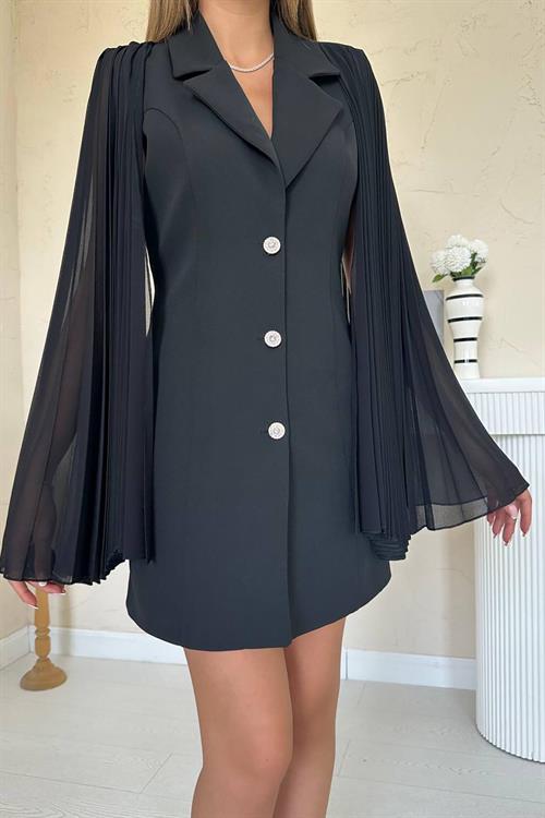 Toptan Siyah Kolları Pilseli Atlas Ceket Elbise