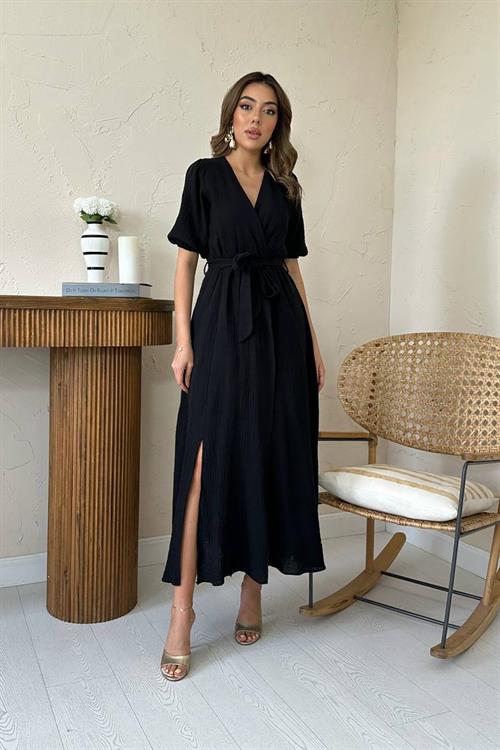 Toptan Siyah Kruvaze Yaka Müslin Keten Elbise