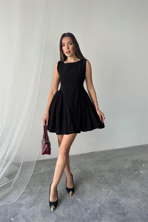 Toptan Siyah Mini Boy Büzgülü Keten Elbise