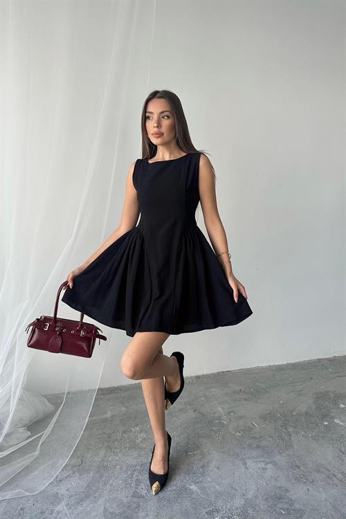 Toptan Siyah Mini Boy Büzgülü Keten Elbise