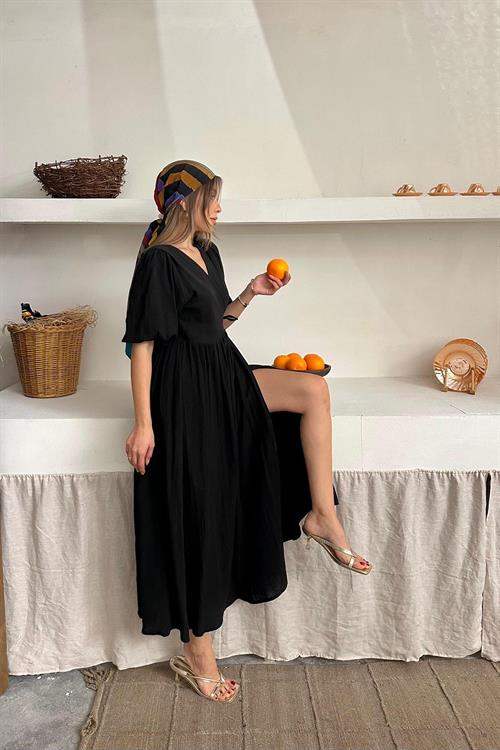 Toptan Siyah Müslin Uzun Elbise